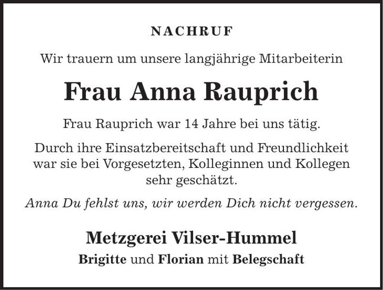 Traueranzeige Anna Rauprich