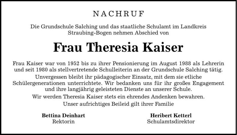 Traueranzeige Theresia Kaiser