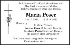 Traueranzeige Maria Poser