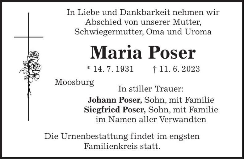 Traueranzeige Maria Poser