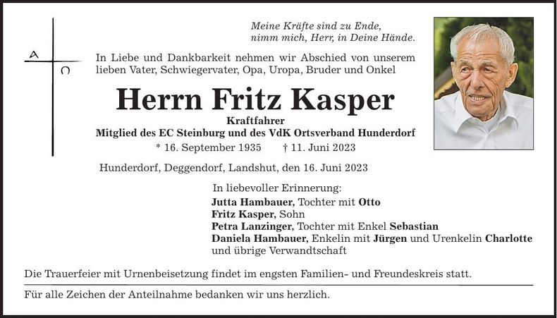 Traueranzeige Fritz Kasper