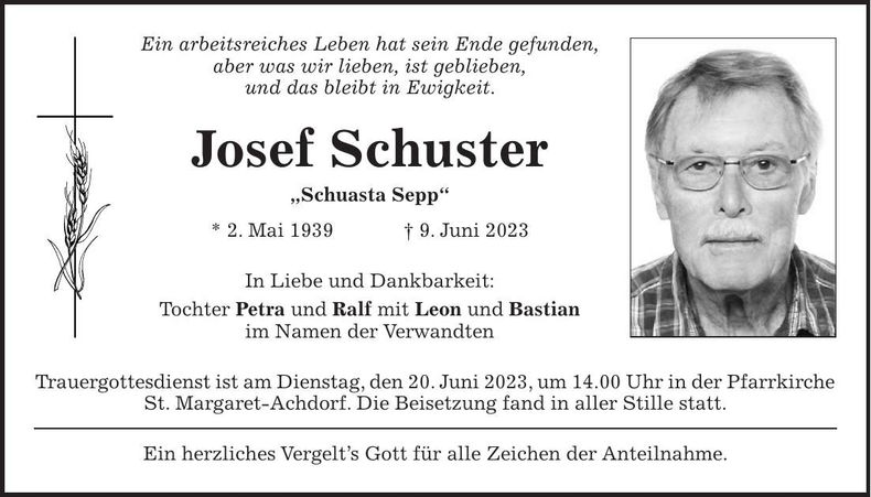 Traueranzeige Josef Schuster