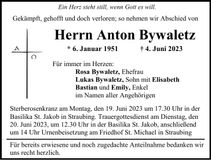 Traueranzeige Anton Bywaletz