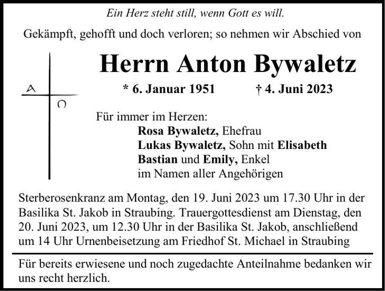 Traueranzeige Anton Bywaletz