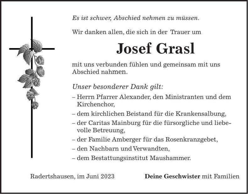 Traueranzeige Josef Grasl