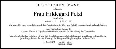 Traueranzeige Hildegard Pelzl