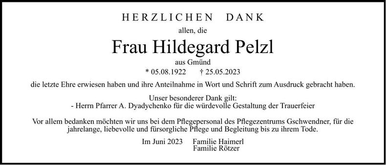 Traueranzeige Hildegard Pelzl