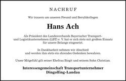 Traueranzeige Ach Hans
