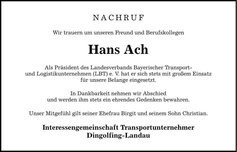 Traueranzeige Ach Hans