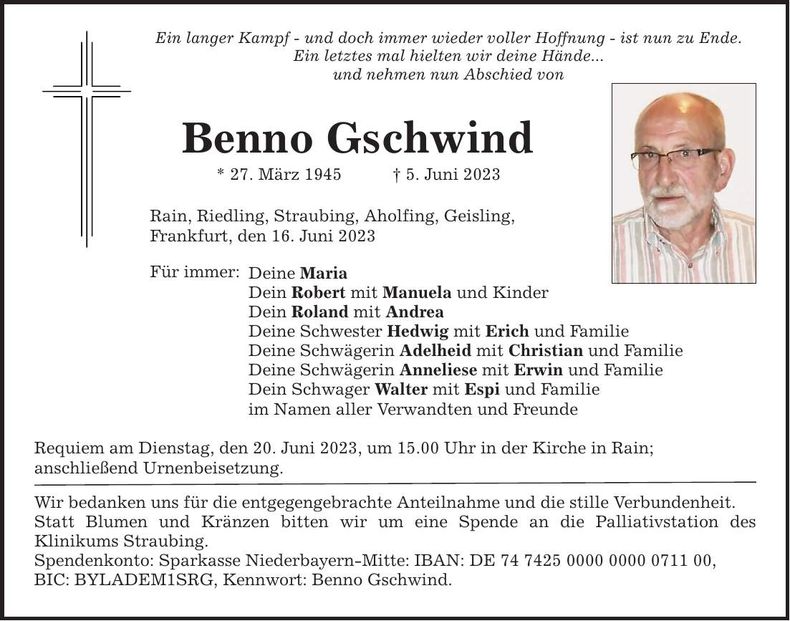 Traueranzeige Benno Gschwind