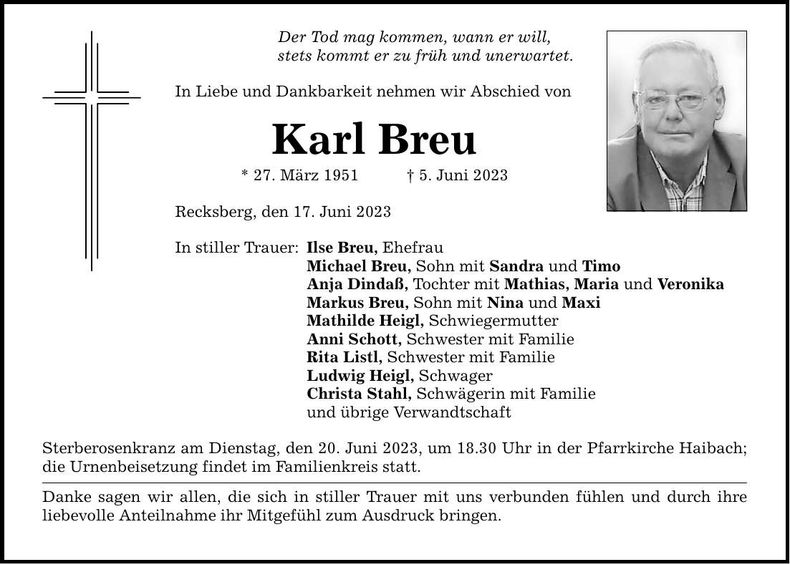 Traueranzeige Karl Breu