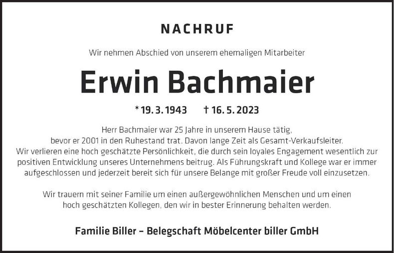 Traueranzeige Erwin Bachmaier Erwin Bachmaier