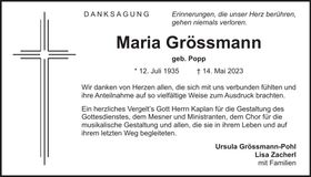 Traueranzeige Maria Grössmann