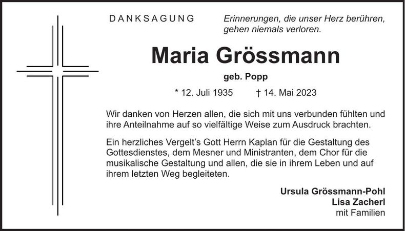 Traueranzeige Maria Grössmann