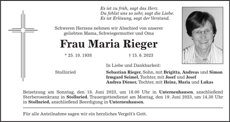 Traueranzeige Maria Rieger