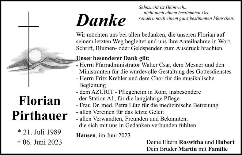 Traueranzeige Florian Pirthauer