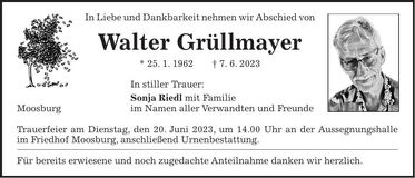 Traueranzeige Walter Grüllmayer