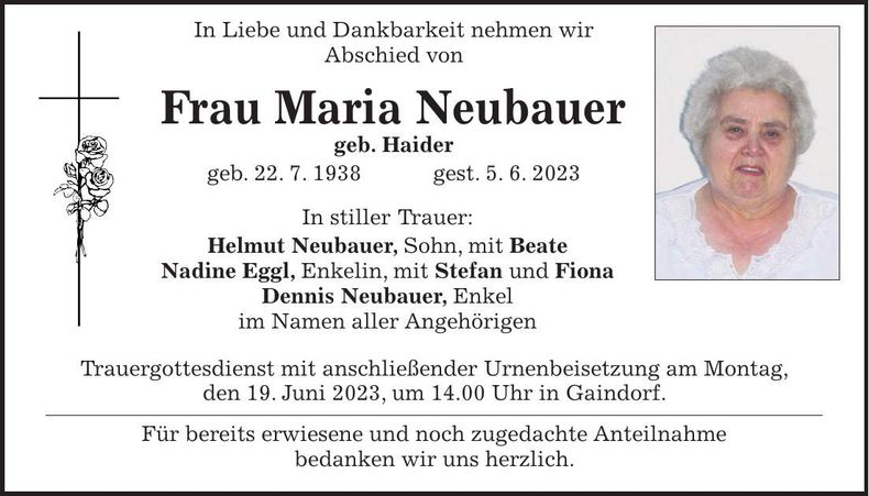 Traueranzeige Maria Neubauer