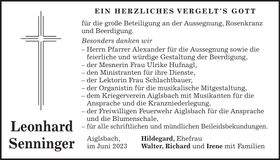 Traueranzeige Leonhard Senninger