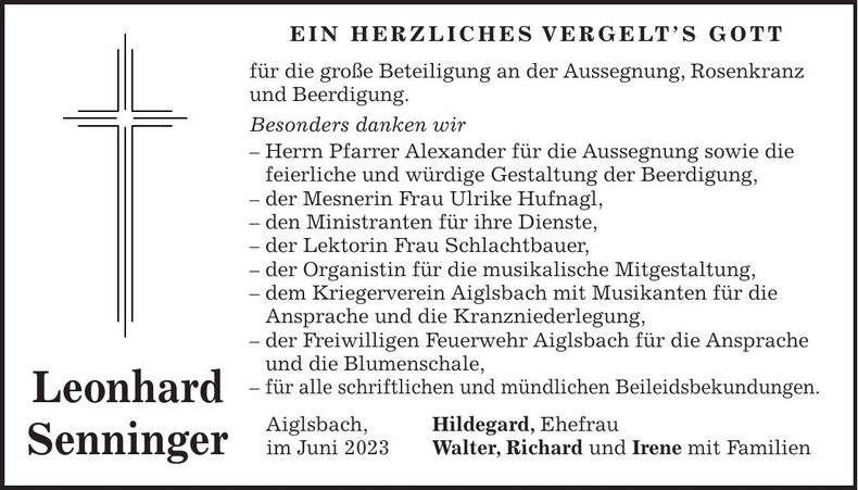 Traueranzeige Leonhard Senninger