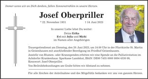 Traueranzeige Josef Oberpriller