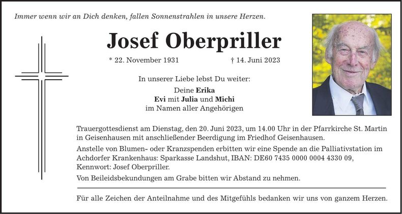 Traueranzeige Josef Oberpriller