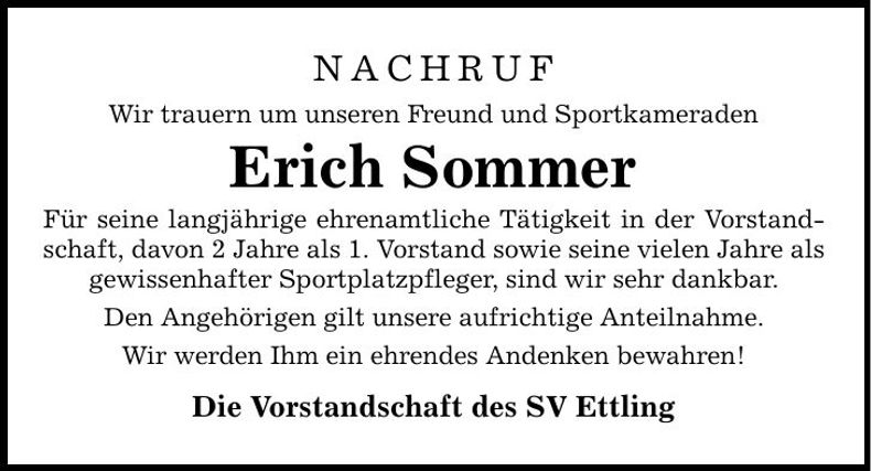 Traueranzeige Erich Sommer