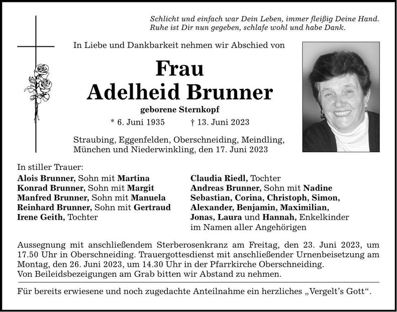 Traueranzeige Adelheid Brunner
