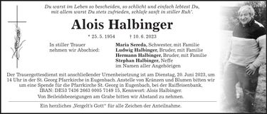 Traueranzeige Alois Halbinger