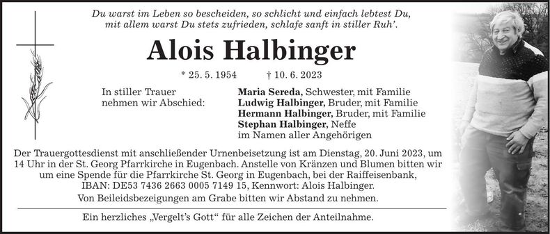 Traueranzeige Alois Halbinger