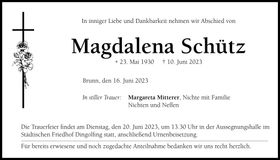 Traueranzeige Magdalena Schütz