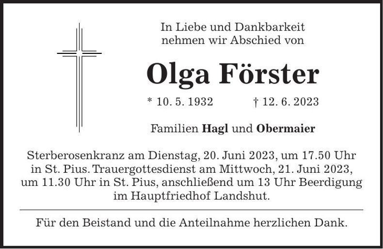 Traueranzeige Olga Förster