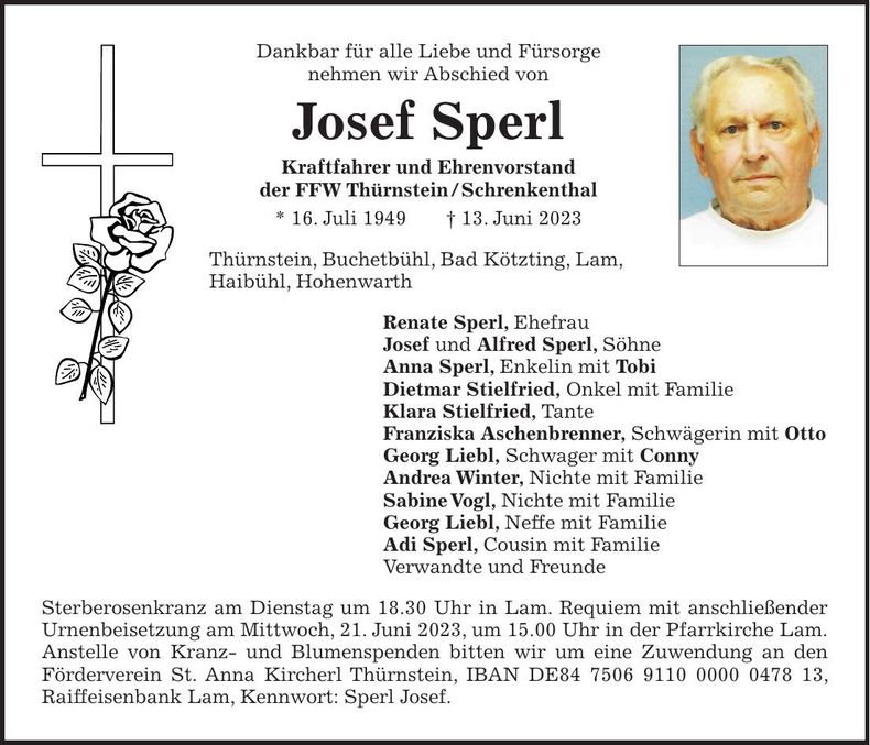 Traueranzeige Josef Sperl