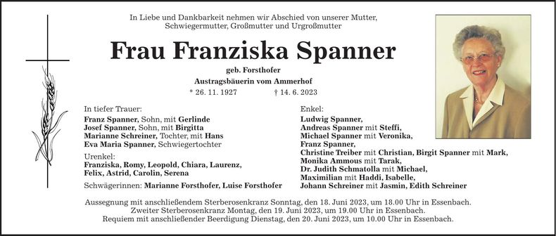 Traueranzeige Franziska Spanner