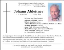 Traueranzeige Johann Ableitner