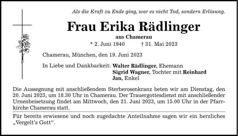 Traueranzeige Erika Rädlinger