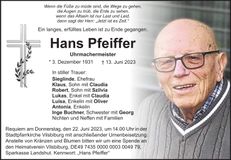 Traueranzeige Hans Pfeiffer