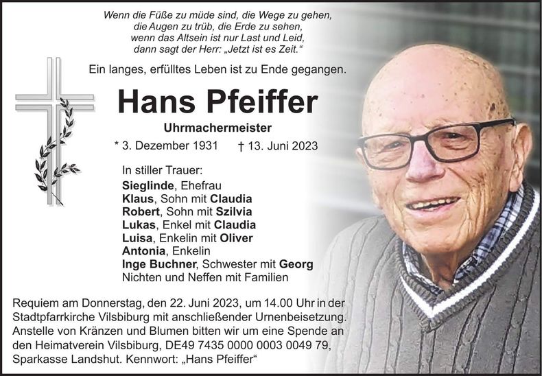 Traueranzeige Hans Pfeiffer