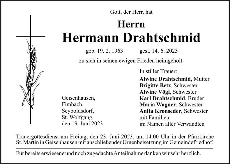 Traueranzeige Hermann Drahtschmid