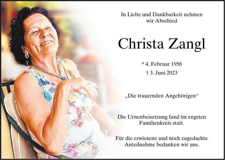 Traueranzeige Christa Zangl