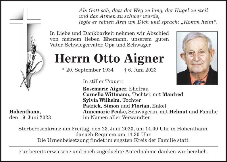 Traueranzeige Otto Aigner