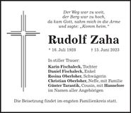 Traueranzeige Rudolf Zaha