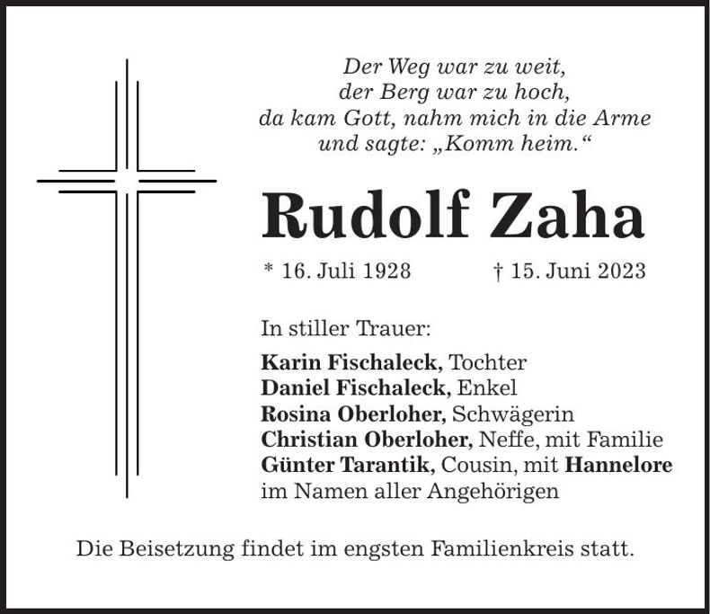 Traueranzeige Rudolf Zaha