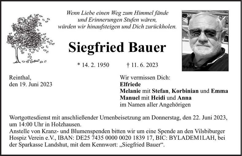 Traueranzeige Siegfried Bauer