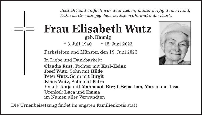 Traueranzeige Elisabeth Wutz