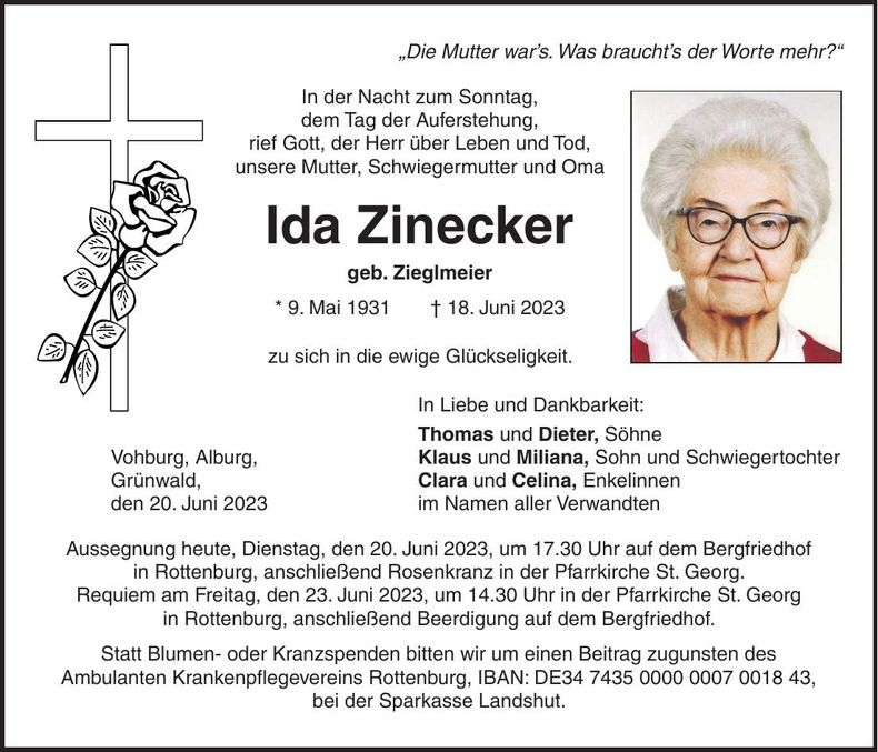 Traueranzeige Ida Zinecker