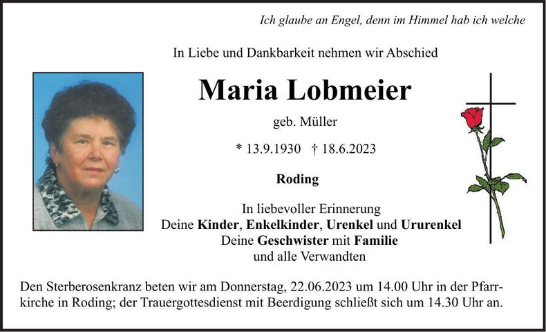 Traueranzeige Maria Lobmeier