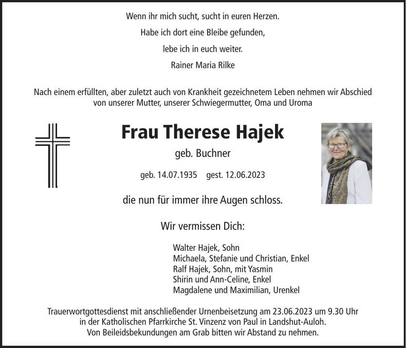 Traueranzeige Therese Hajek