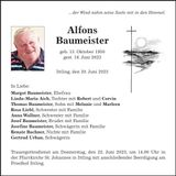Traueranzeige Alfons Baumeister