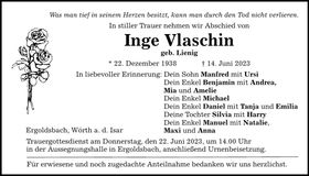 Traueranzeige Inge Vlaschin
